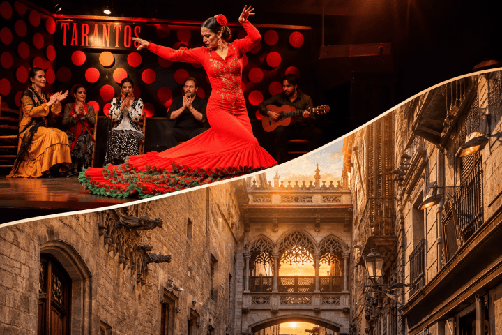 Flamenco dancer in red, musicians on stage, and a historic cobblestone street at sunset.