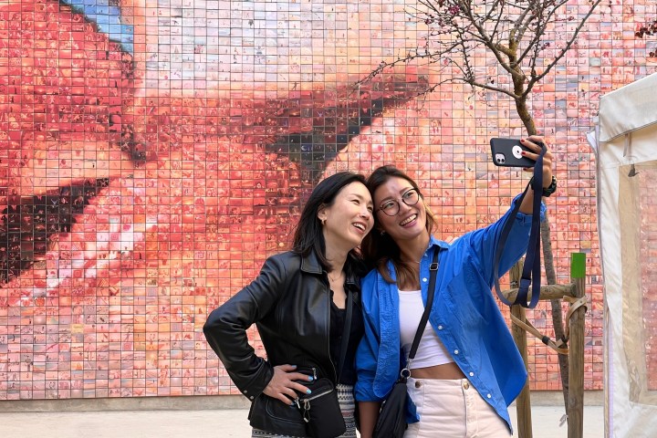 a woman standing in front of a brick wall