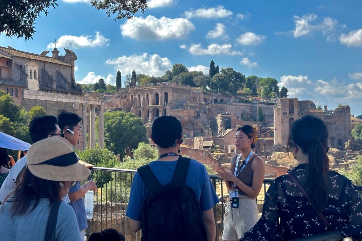 a group of people in a city