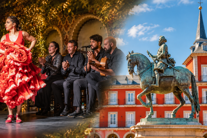 Flamenco dancer in red dress on left, royal palace and equestrian statue on right.