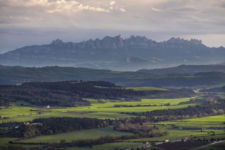 a large green field with a mountain in the background