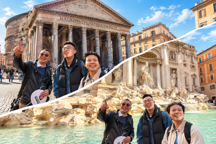 Two photos: Four people in front of Pantheon and Trevi Fountain smiling and pointing.