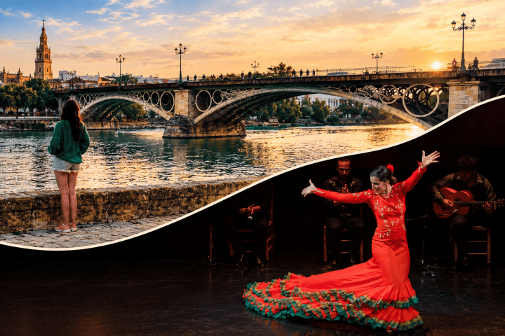 Split image: woman by river in Seville, dancer in red flamenco dress.