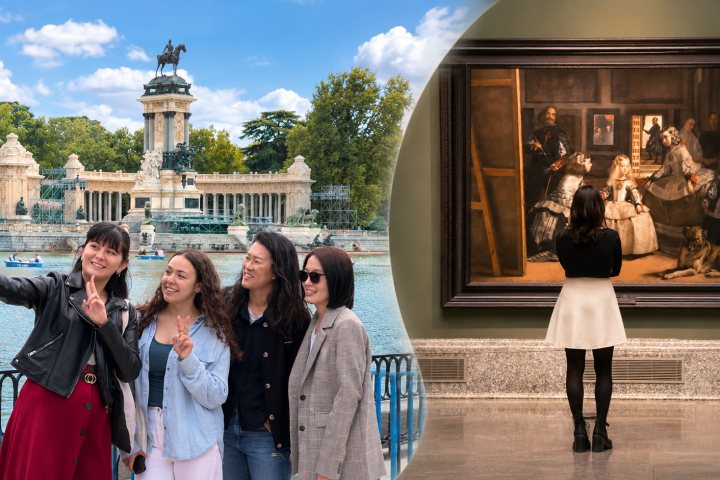 Group selfie by a lake; woman admiring a large painting in a museum.