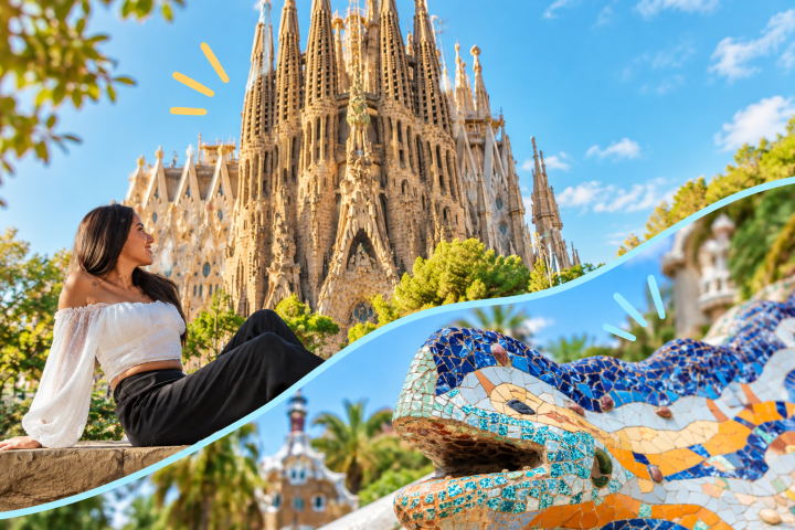 Woman sitting near Sagrada Familia, mosaic lizard sculpture in foreground.