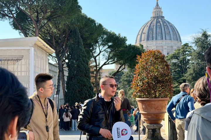 Tour guide with panda fan speaks near St. Peter's Basilica dome.