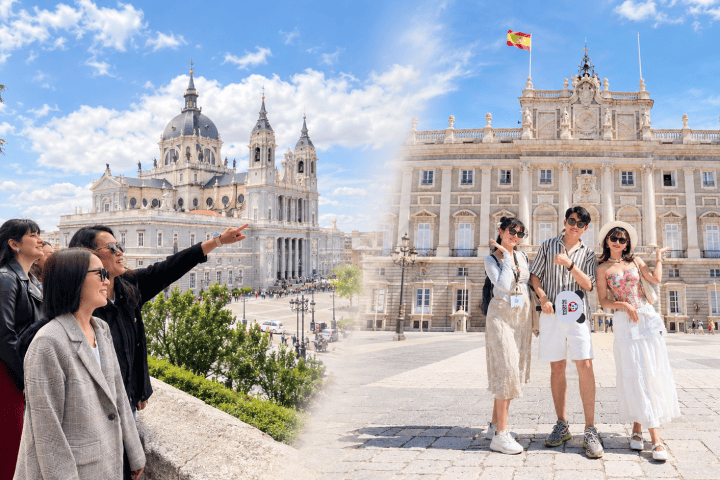 Tourists in front of a palace and cathedral in sunny weather.
