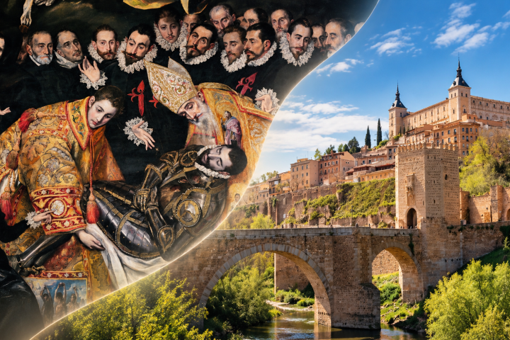 Collage of a historical painting and a scenic view of a castle and bridge.
