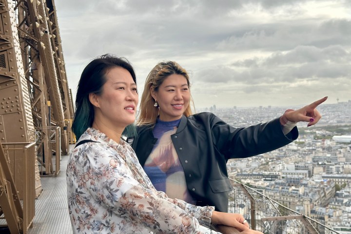 Two people on the Eiffel Tower viewing platform, one pointing at the skyline.