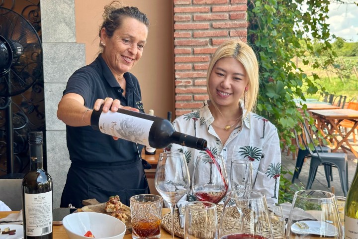a person sitting at a table with wine glasses