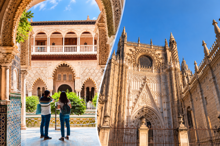 Split image: People in an ornate courtyard and exterior of a Gothic cathedral under a blue sky.