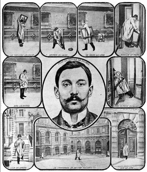 Collage of a man's image with scenes of courtroom events and trials around him.