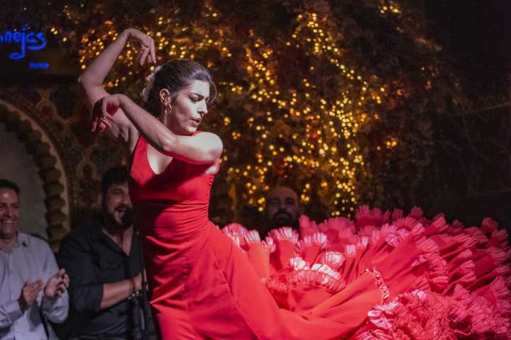 Flamenco dancer in a red dress performing on stage with audience clapping.