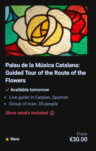 Tour info card with stained glass rose, priced from €30, available tomorrow.