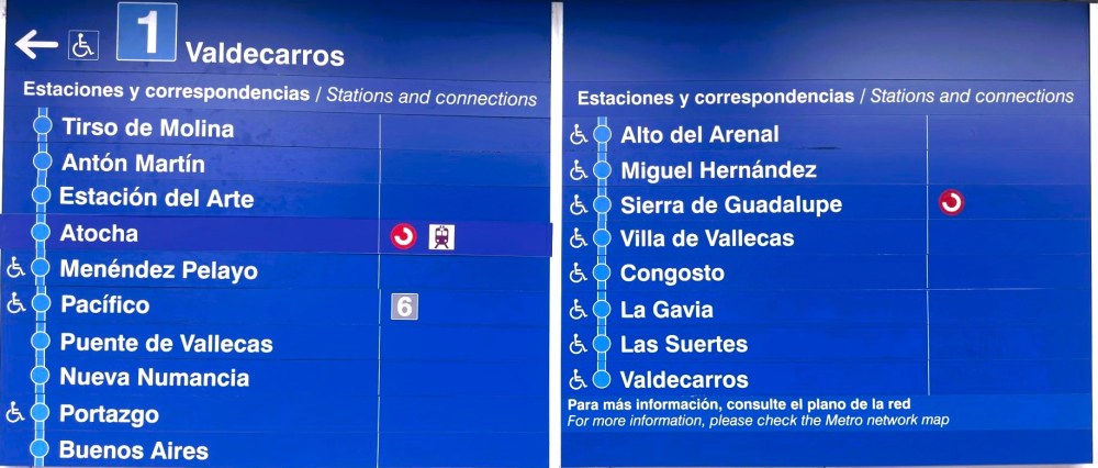 Blue metro station sign listing stations and connections for line 1 from Tirso de Molina to Valdecarros.
