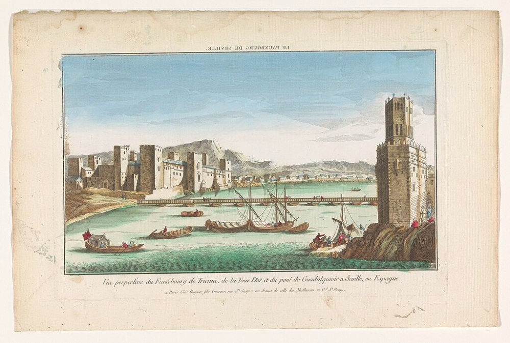 Illustration of a river scene with boats, a bridge, and a fortress in a vintage style.