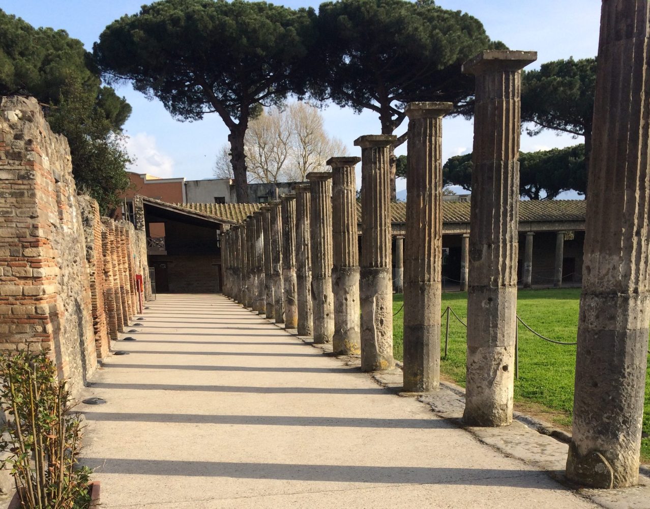 Stone columns line a pathway with grass and trees in the background in Pompeii.
