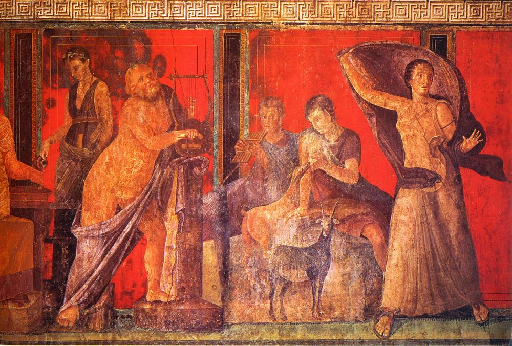 Ancient Roman fresco depicting figures with a goat against a red background.