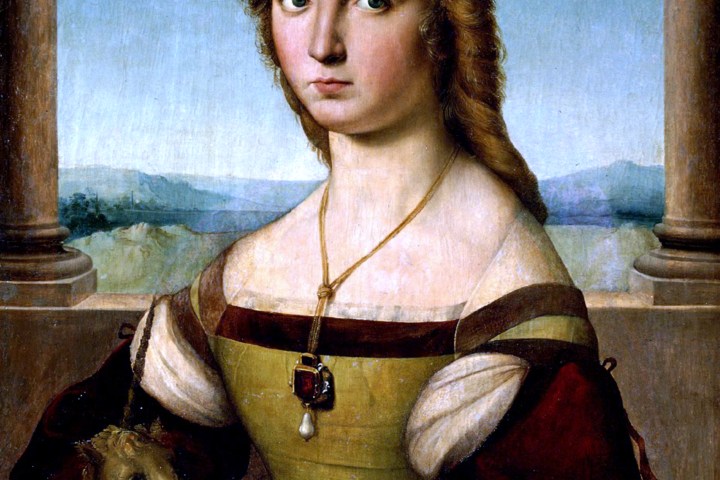 A woman in Renaissance attire holding a small unicorn with a scenic landscape background.