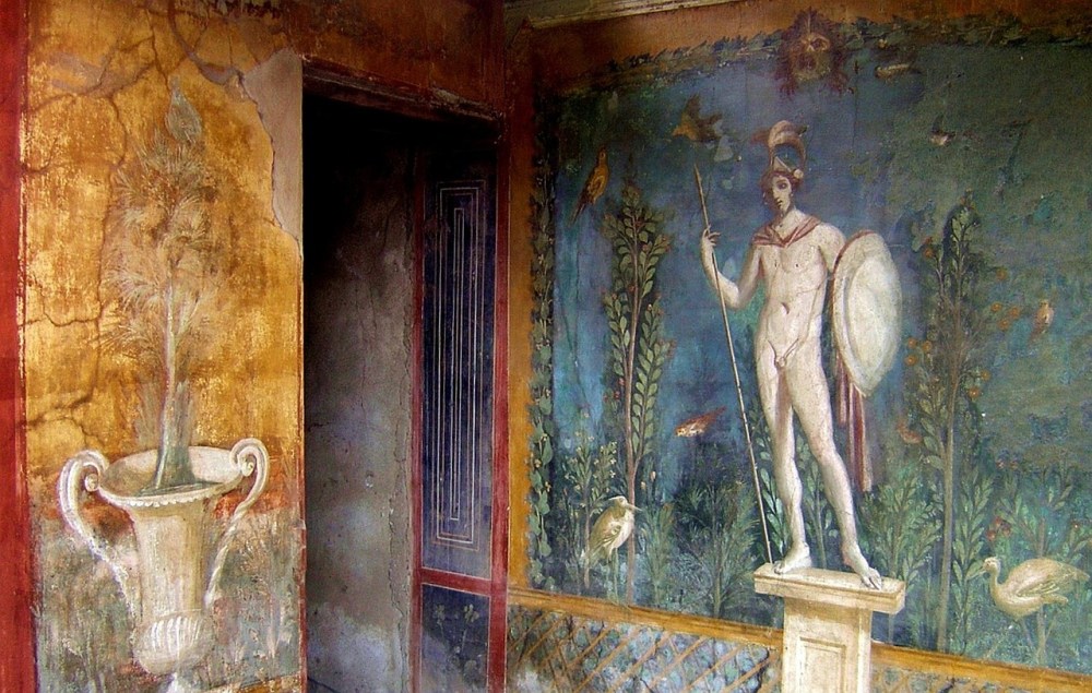 Ancient fresco of a warrior with a spear and shield next to a painted vase with a tree.