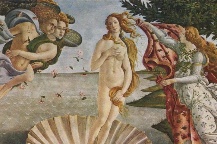 Classical painting of a woman on a shell with figures floating and wind blowing.