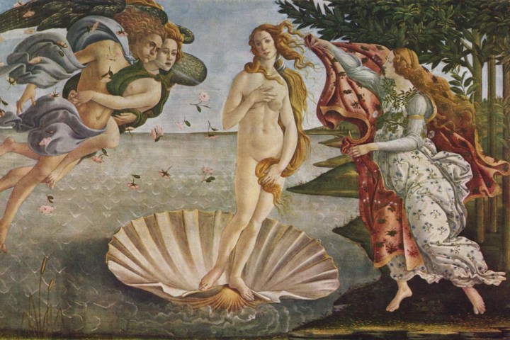 Classical painting of a woman on a shell with figures floating and wind blowing.
