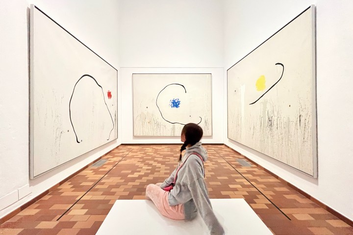 Person in a gallery sitting on a platform, viewing abstract paintings with splashes of color on white backgrounds.