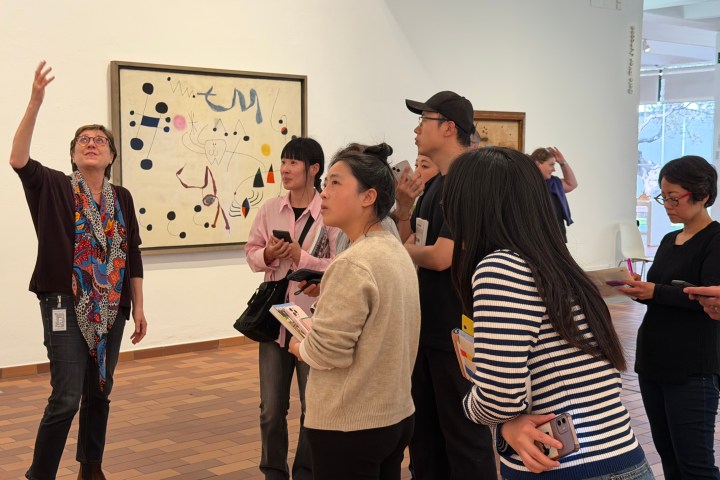 Group of people on a guided tour in an art gallery with paintings.