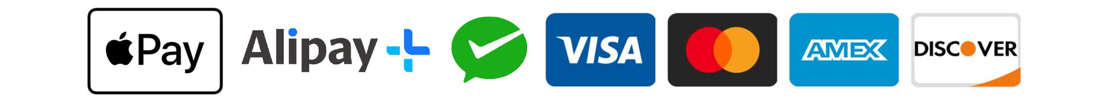 Logos of Apple Pay, Alipay, WeChat Pay, Visa, Mastercard, Amex, and Discover in a row.