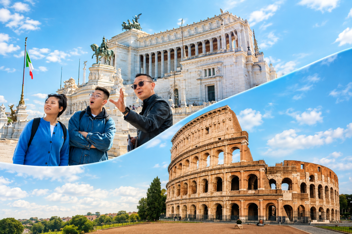 Two images: people exploring a grand building and the Colosseum under blue skies.
