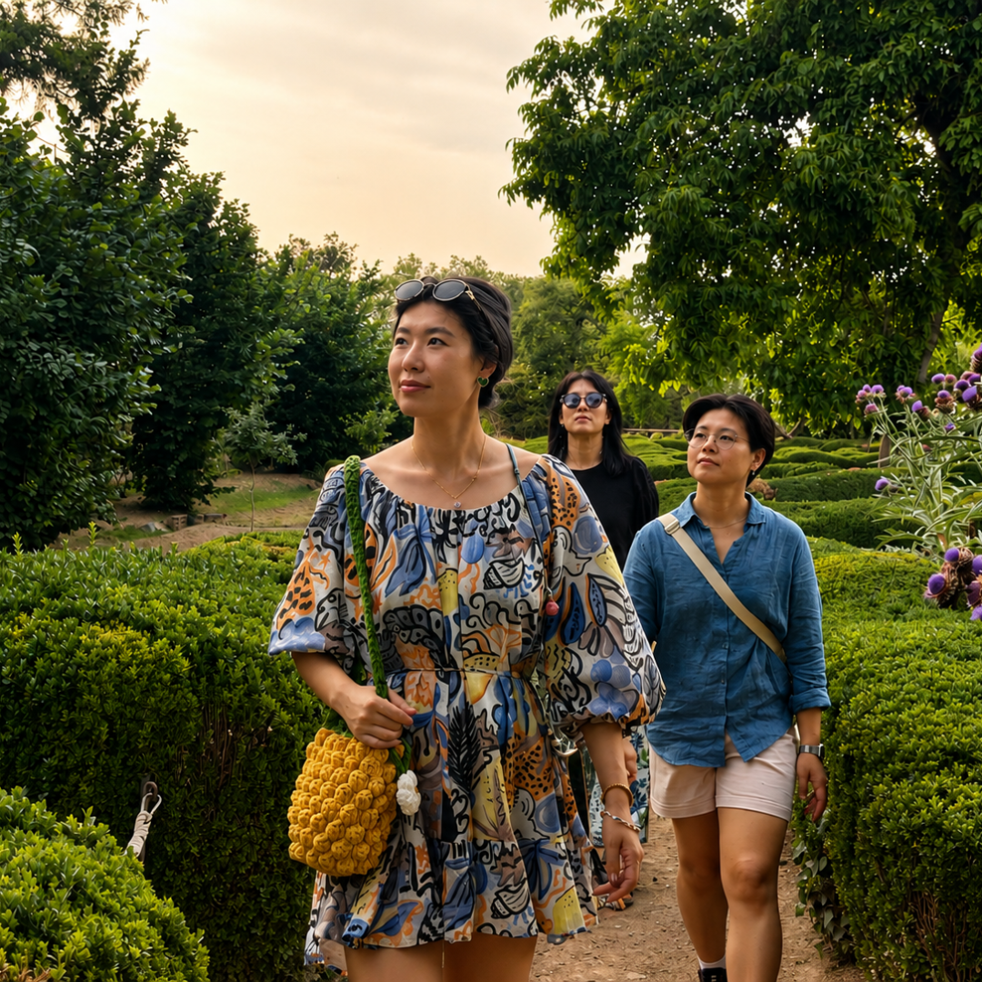Three people walking through a garden with hedges and trees.